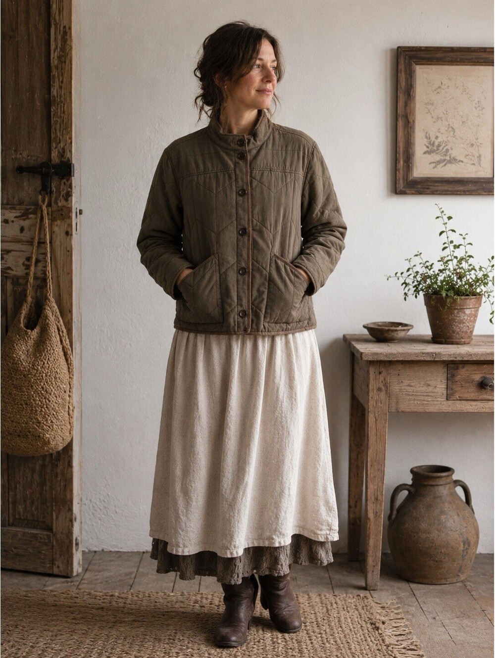 A.N.A. (A New Approach) Women’s Sz L Khaki Green Stitched Chore Button Coat